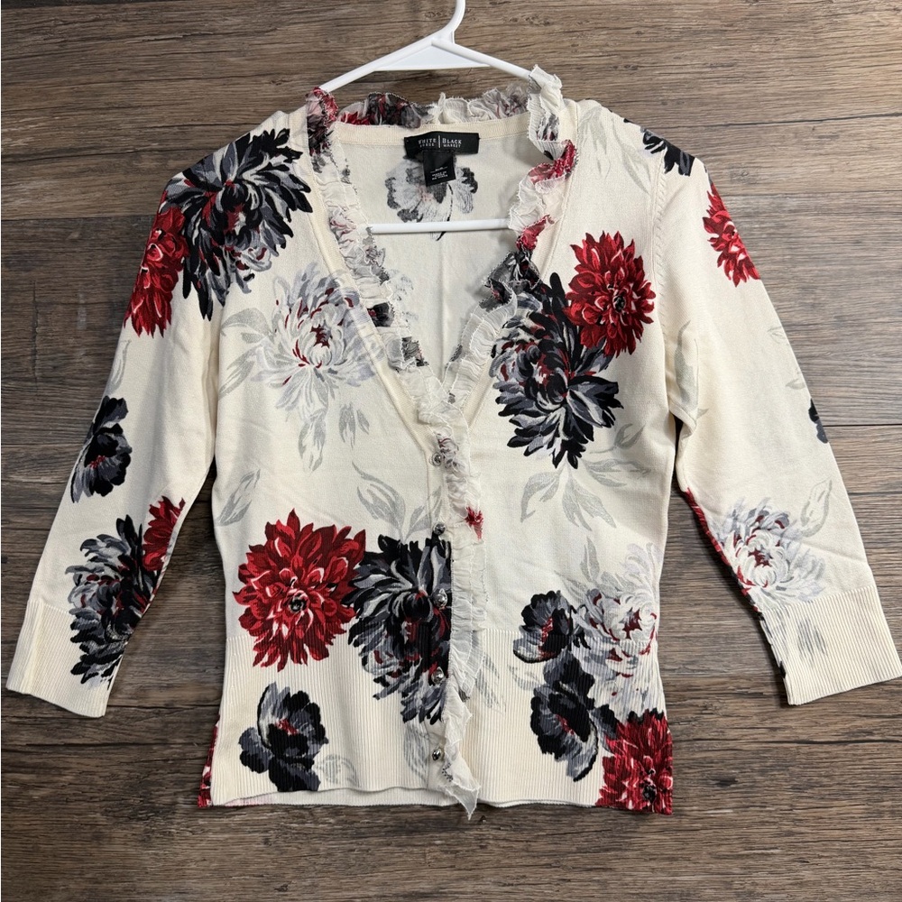 White House Black Market Floral Cardigan in Red and Black